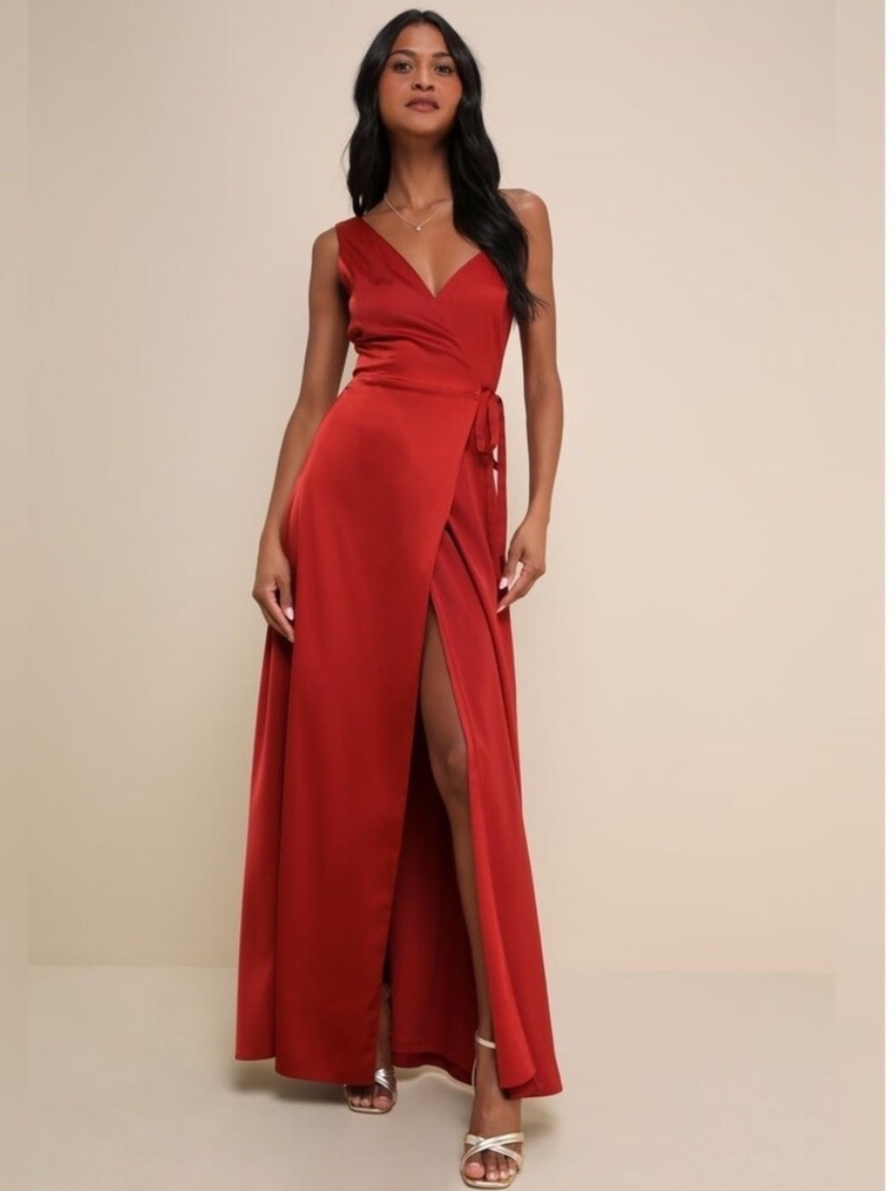 Lulu’s Poised Sophistication Rust Red Satin Wrap Maxi Dress XS